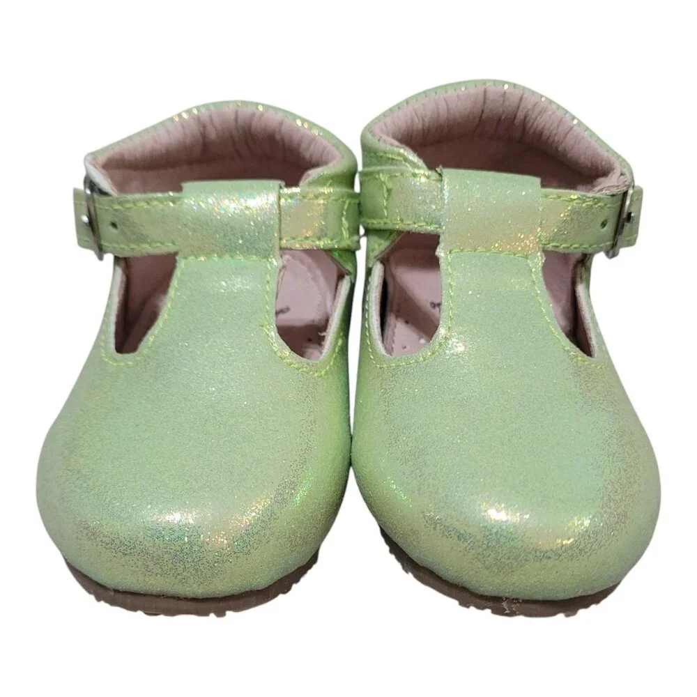 NEW A Bear Co Toddler Size 3 Smooth Glitter T-Strap Flats‎ Green Girls